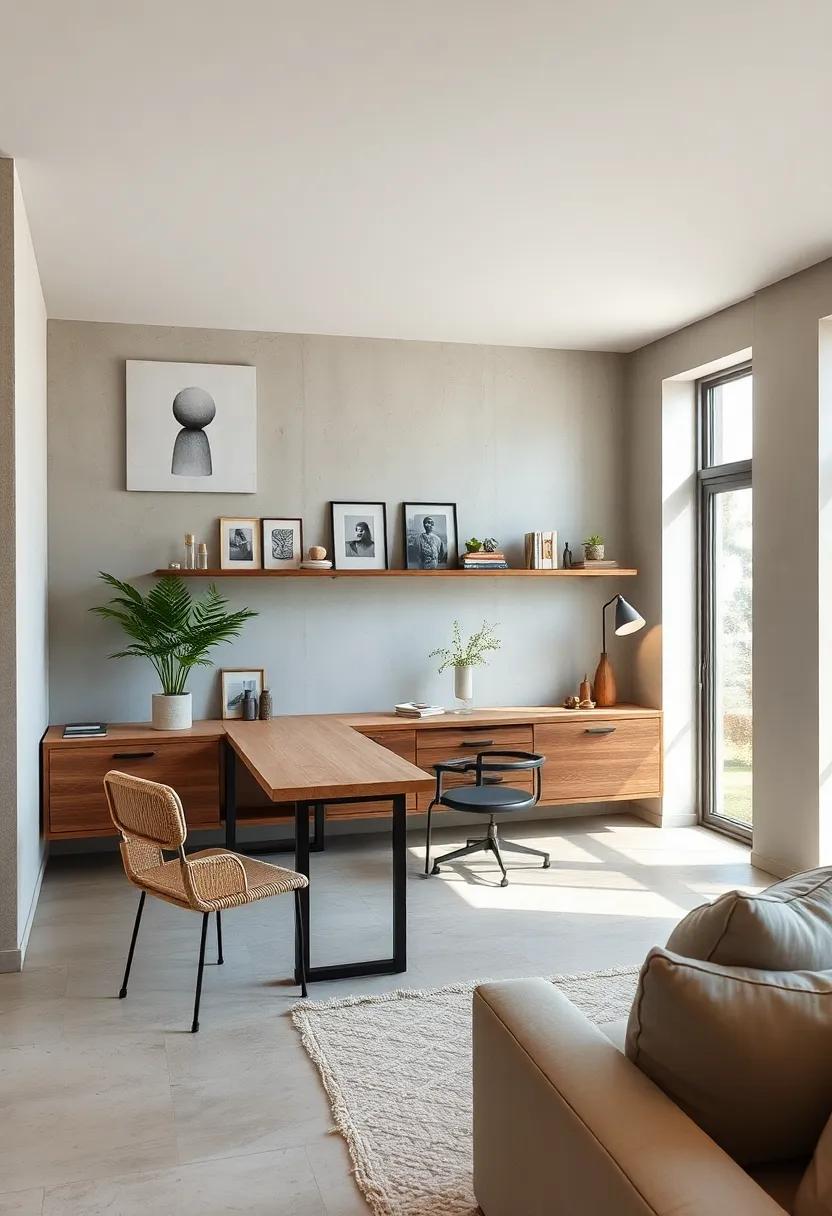 Soft Natural Light Highlighting the Elegance of a Minimalist Home Office with Floating Desks