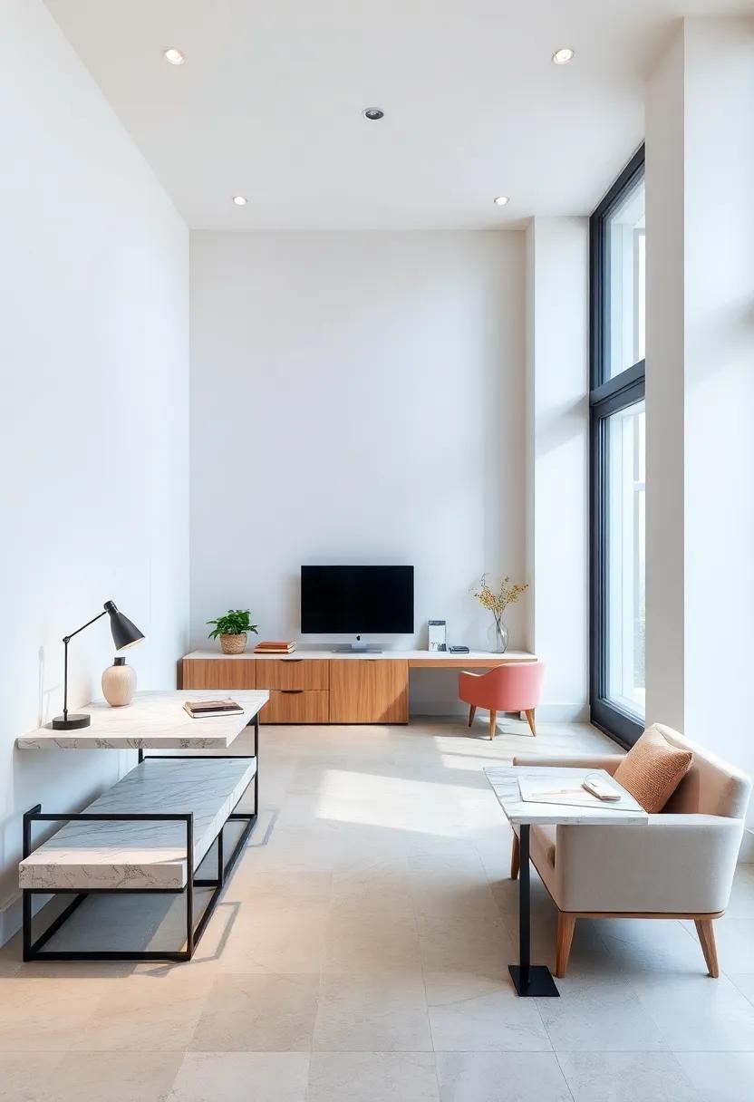 Sophisticated Elegance of Marble Floating Desks Paired with Soft Pastel Tones in a Calm Room