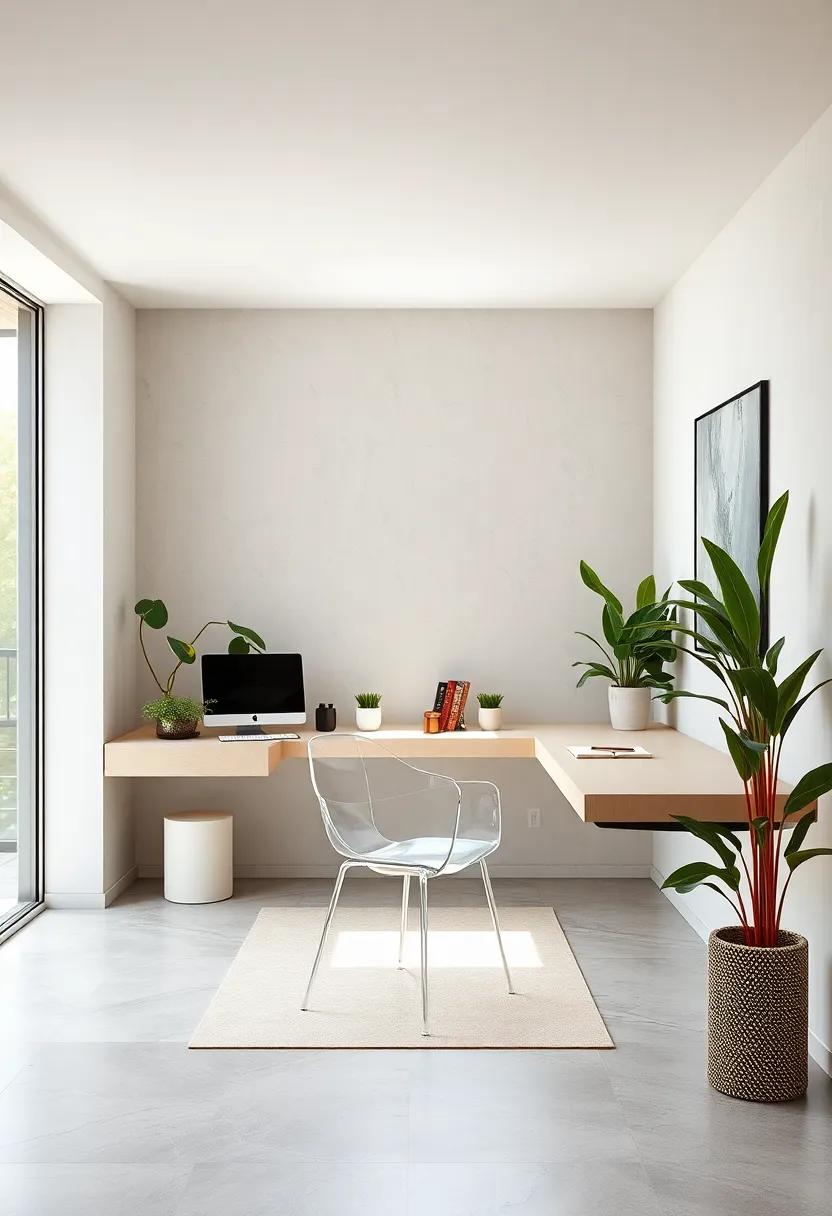 Minimalist Workspace with Floating Desks Featuring Transparent Chair and Lush Greenery