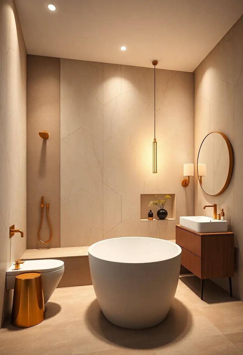 Art Deco Inspired Bathrooms Featuring Bold Geometric Patterns and Subtle Gold Highlights in Fixtures