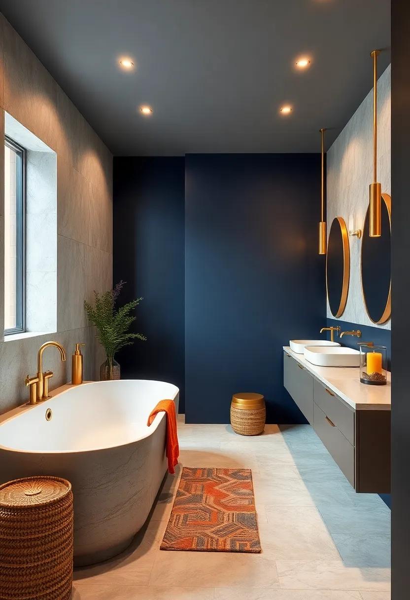 Boutique Hotel Style Modern Bathrooms Blending Deep Navy Walls and Bright Gold Accessories