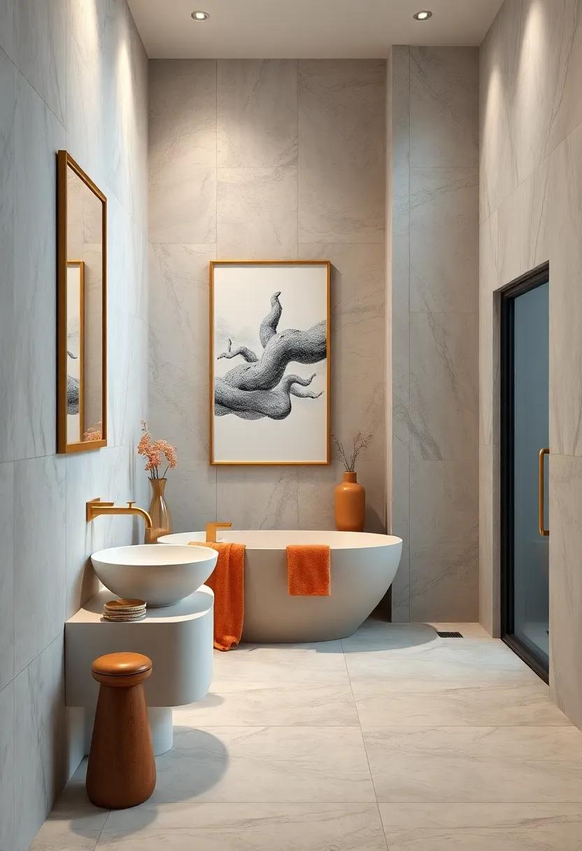 Creative Bathroom Wall Art and Gold Trimmed Frames Against Textured Plaster and Soft Lighting