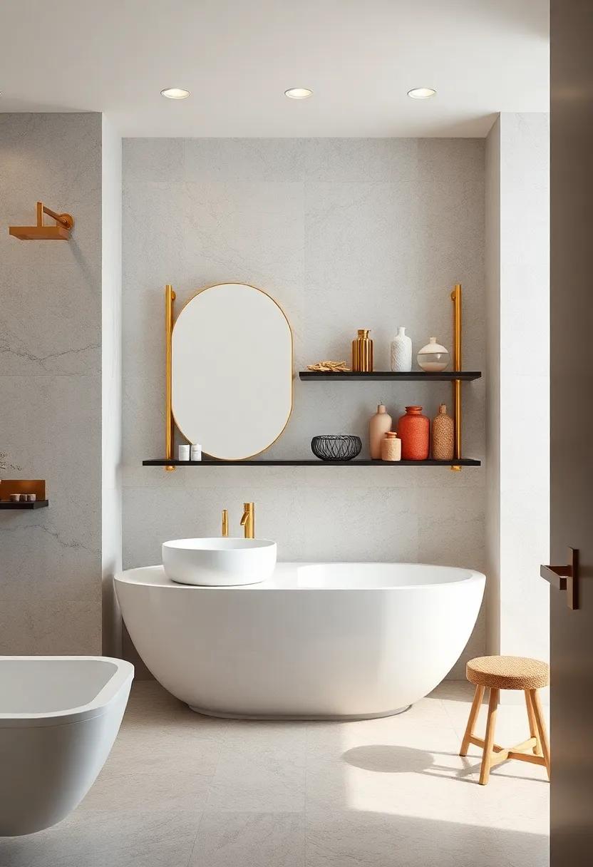 Designer Bathroom Shelving with Gold Supports Displaying Curated Decorative Elements in a Bright Space