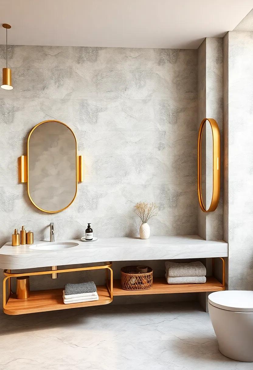 Glamorous Vanity Areas Flaunting Gold Framed Mirrors and Elegant Countertops in Natural Stone Finishes