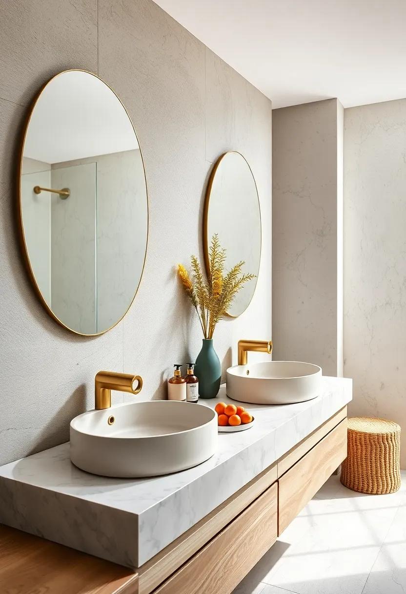His and Hers Bathroom Sinks with Matching Gold Ring Handles and Matte Ceramic Basins in Soft Hues