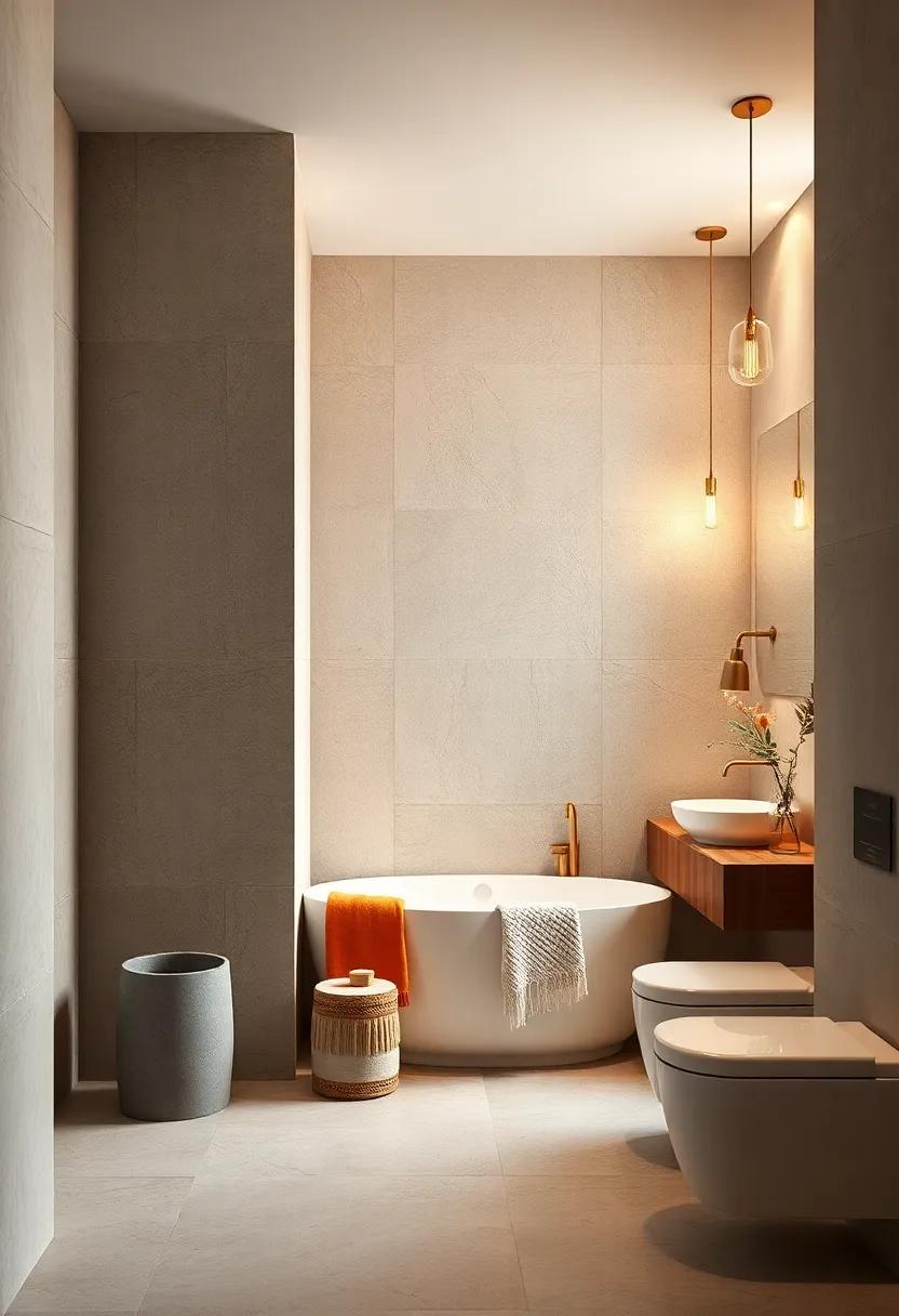 Inviting Bathroom Spaces Featuring Gold Pendant Lighting and Textured Walls in Warm Natural Tones