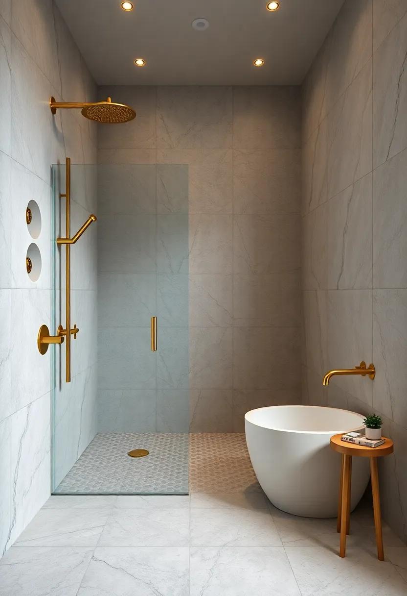 Luxurious Walk-In Showers Embellished with Gold Showerheads and Mosaic Tile Patterns for Visual Impact