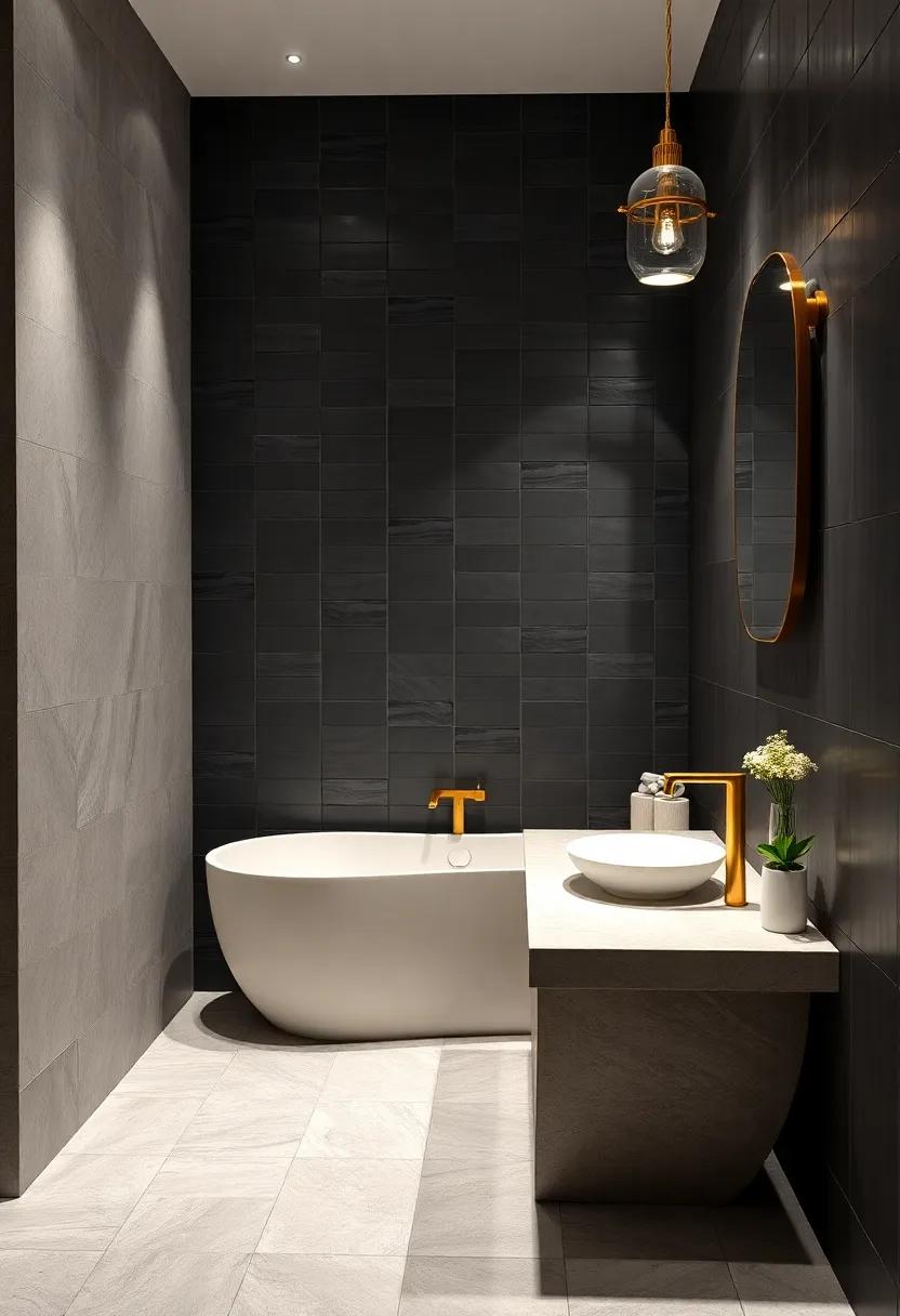 Luxury Modern Bathrooms Showcasing Sleek Gold Faucets and Fixtures Against Matte Black Tiles