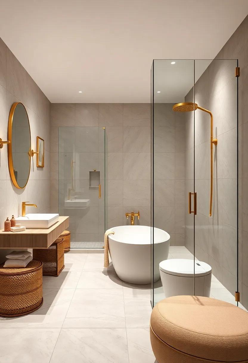 Minimalist Spa-Like Bathroom Design Highlighting Polished Gold Hardware and Clear Glass Shower Enclosures