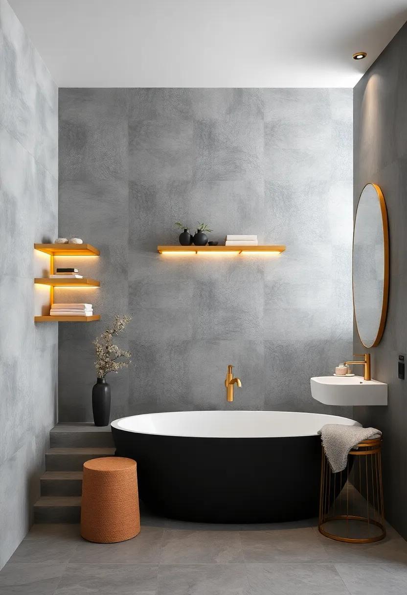 Monochrome Bathroom Interiors with Gold Accentuated Shelves and Statement Faucets for Elegant Contrast