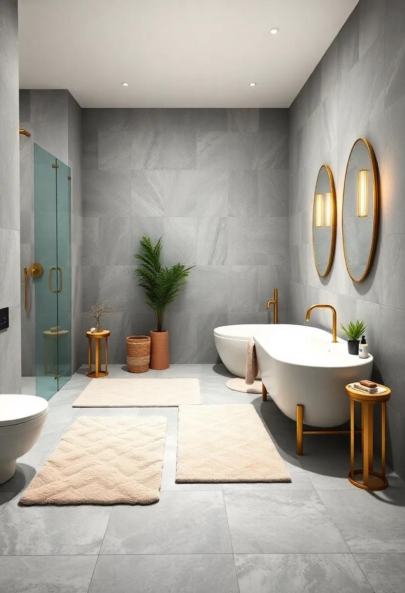 Plush Bathroom Rugs and Towels Coordinated With Gold Hardware for a Cohesive Modern Look
