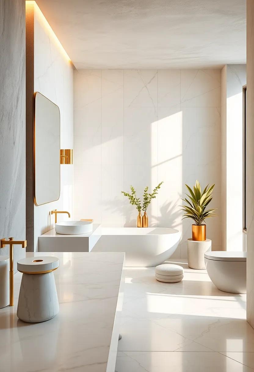 Sunlit Bathroom Interiors Featuring Gleaming Gold Accents Paired With Soft White Marble Surfaces