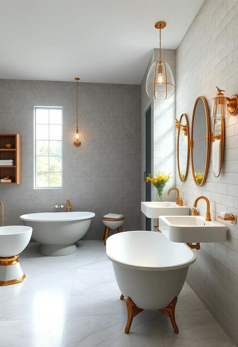 Vintage Inspired Bathrooms Featuring Ornate Gold Elements Paired with Classic White Subway Tile