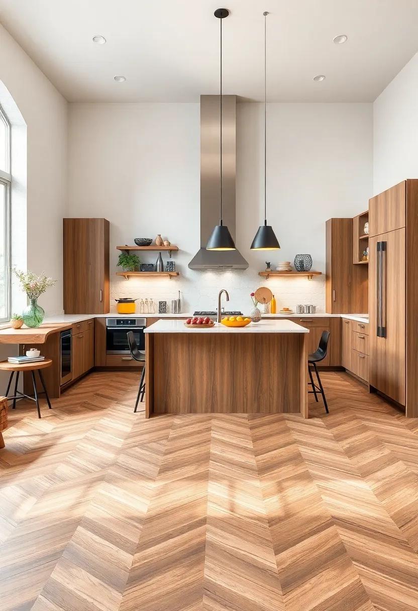 Bold Chevron Patterns On Hardwood Floors For Instant Visual Impact And Contemporary Kitchen Flair