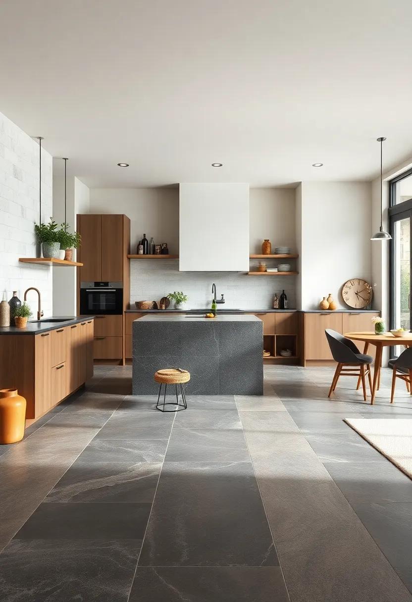 Large Format Slate Tiles Enhancing Raw Textures And Earthy Tones In Industrial Style Kitchen Interiors