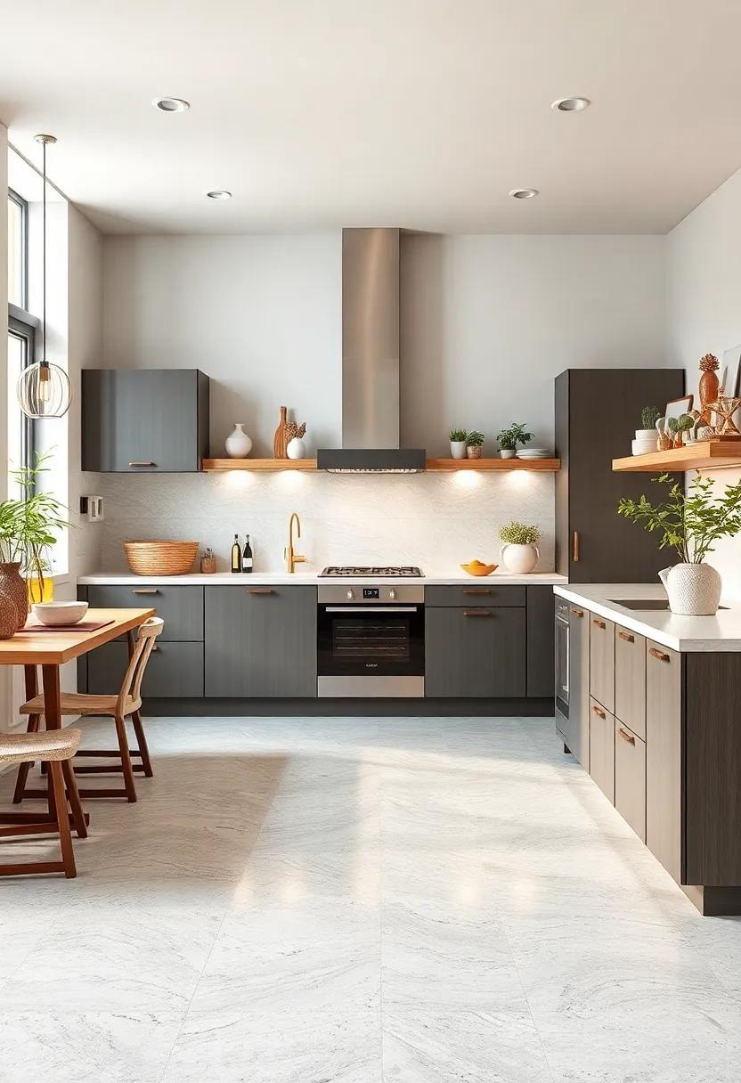 Subtle Metallic-Accent Floors Bringing Light Reflection And A Touch Of Glamour To Minimalist Kitchen Spaces