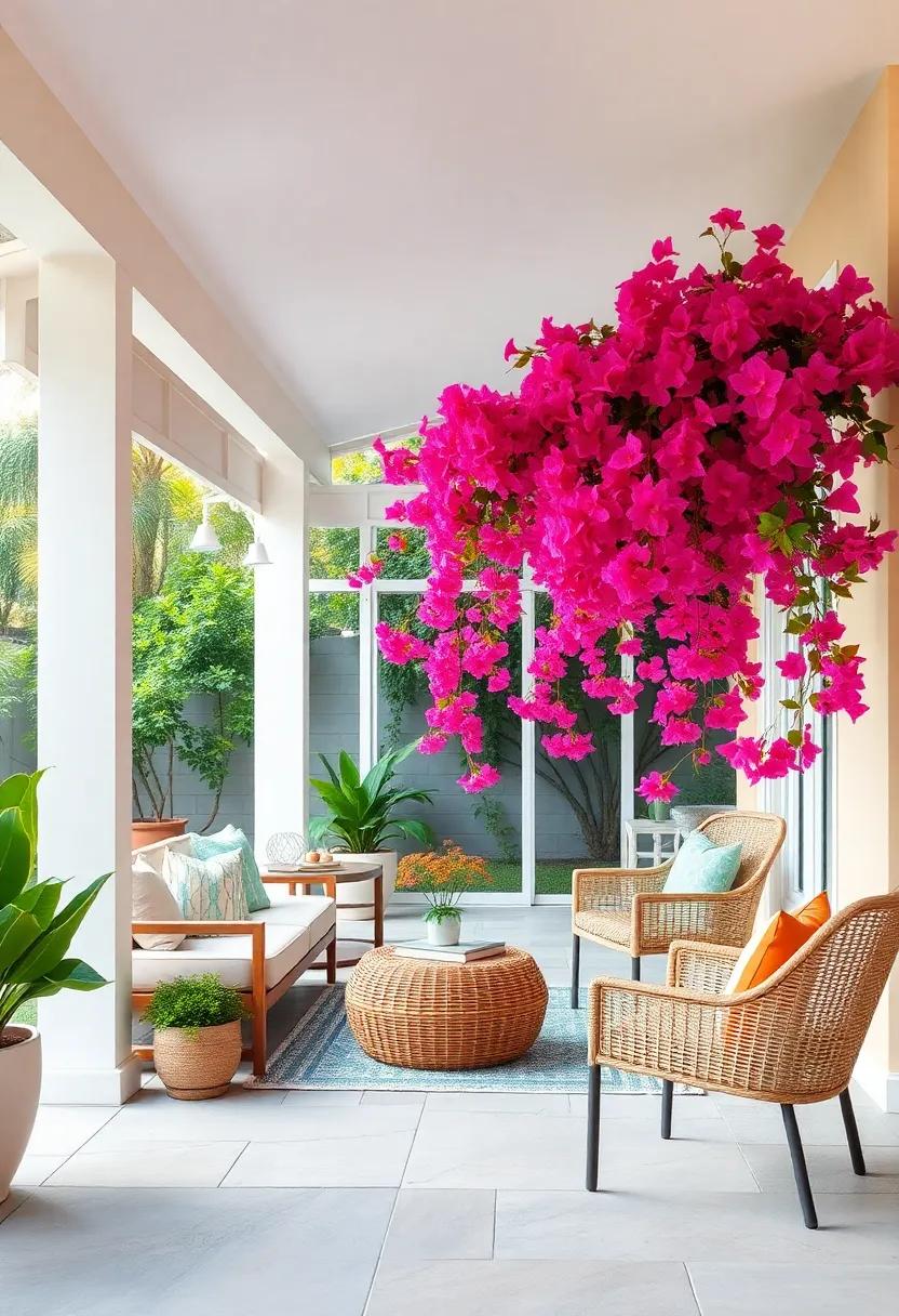 Bright Bougainvillea Cascading Over a Patio with White Screen Frames and Woven Chairs