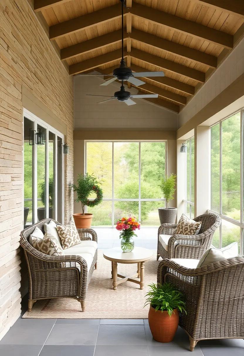 The Charm of Wicker Furniture Paired with Cushions on a Bright Screened Porch