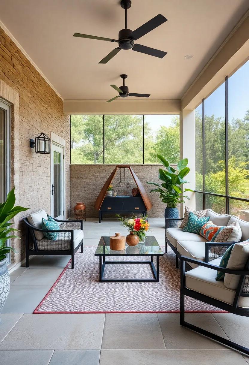 Contemporary Outdoor Living Room with Glass Coffee Table on a Screened Patio