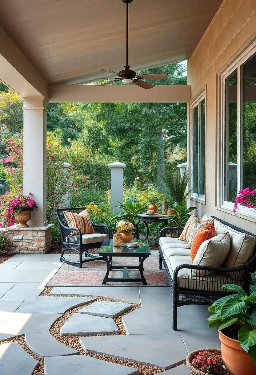 A Cozy Patio Set Amidst Lush Garden Blooms and Winding Stone Pathways
