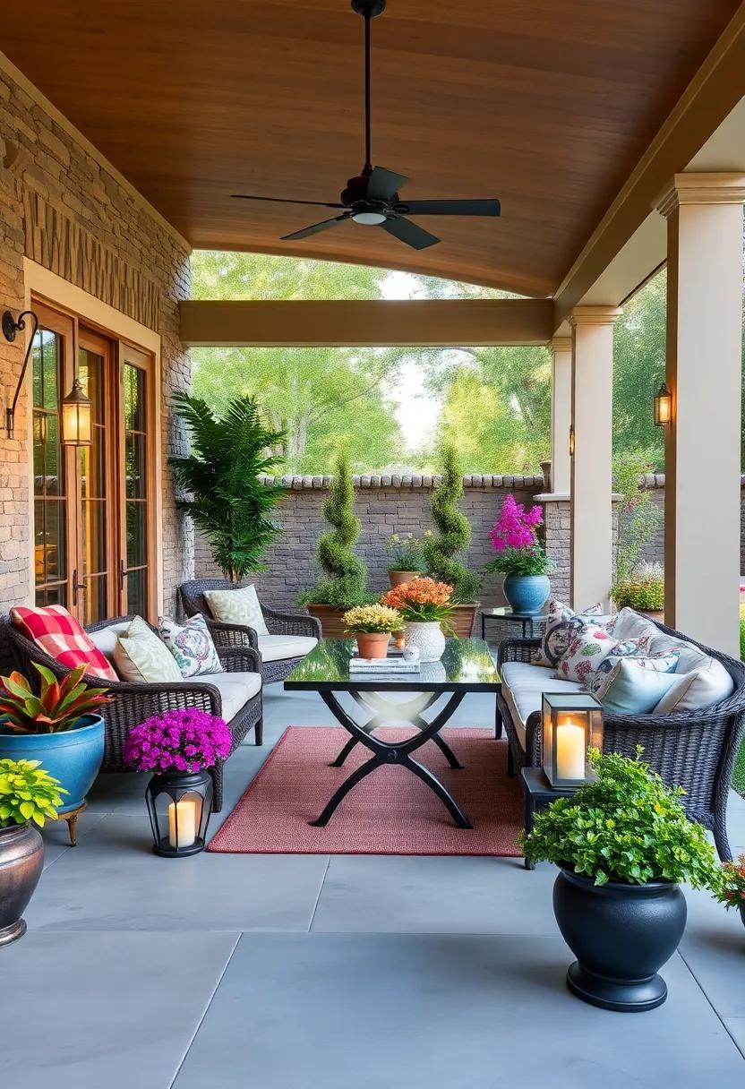 Elegant Outdoor Dining Space Surrounded by Vibrant Planters and Soft Lantern Glow