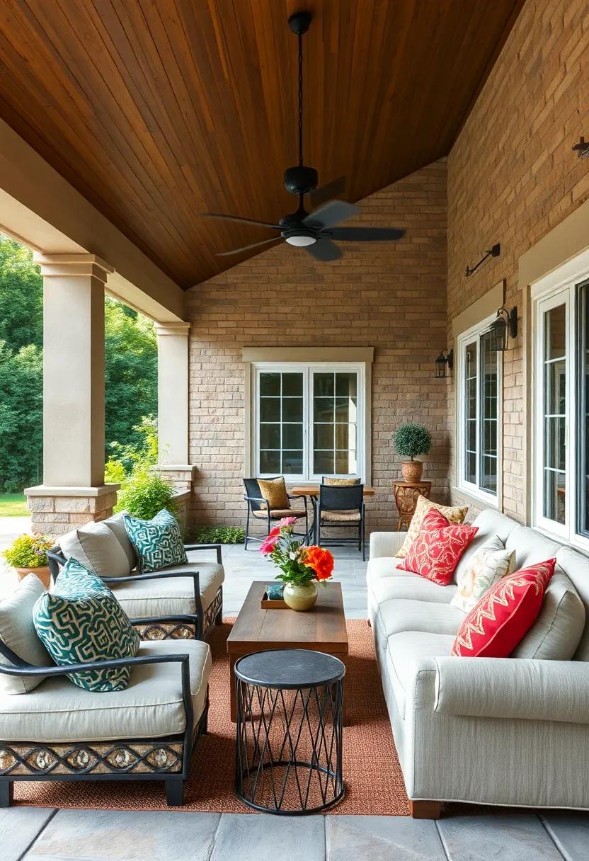 A Family Gathering on a Patio Featuring Comfortable Sofas and Vibrant Throw Pillows