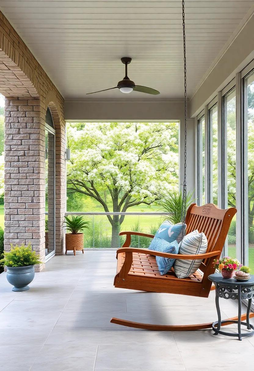 Handcrafted Wooden Swing Chair on a Screened Porch Overlooking Blossoming Trees