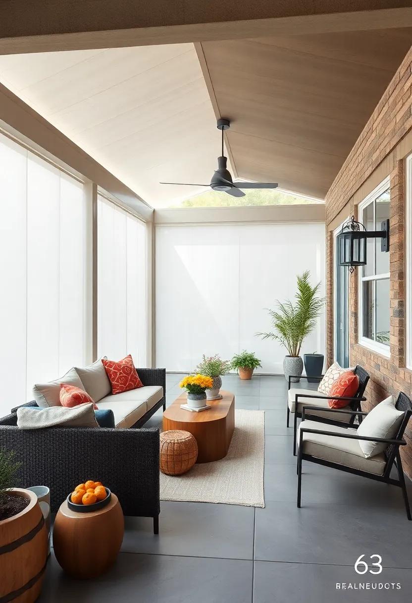 A Modern Minimalist Patio with Sleek Furniture and Crisp White Screens