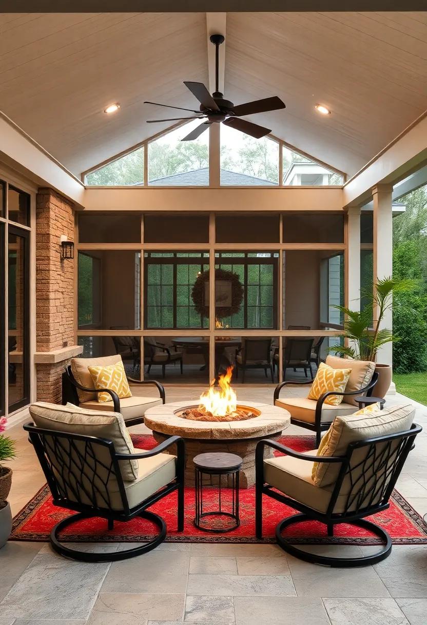 Patio Fire Pit Surrounded by Comfortable Chairs Set Against a Screened Porch Backdrop