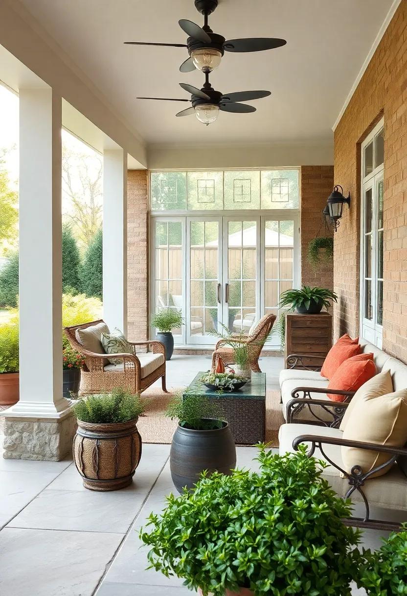 A Patio Garden Oasis Featuring Herb Planters and Baskets Near a Screened Porch