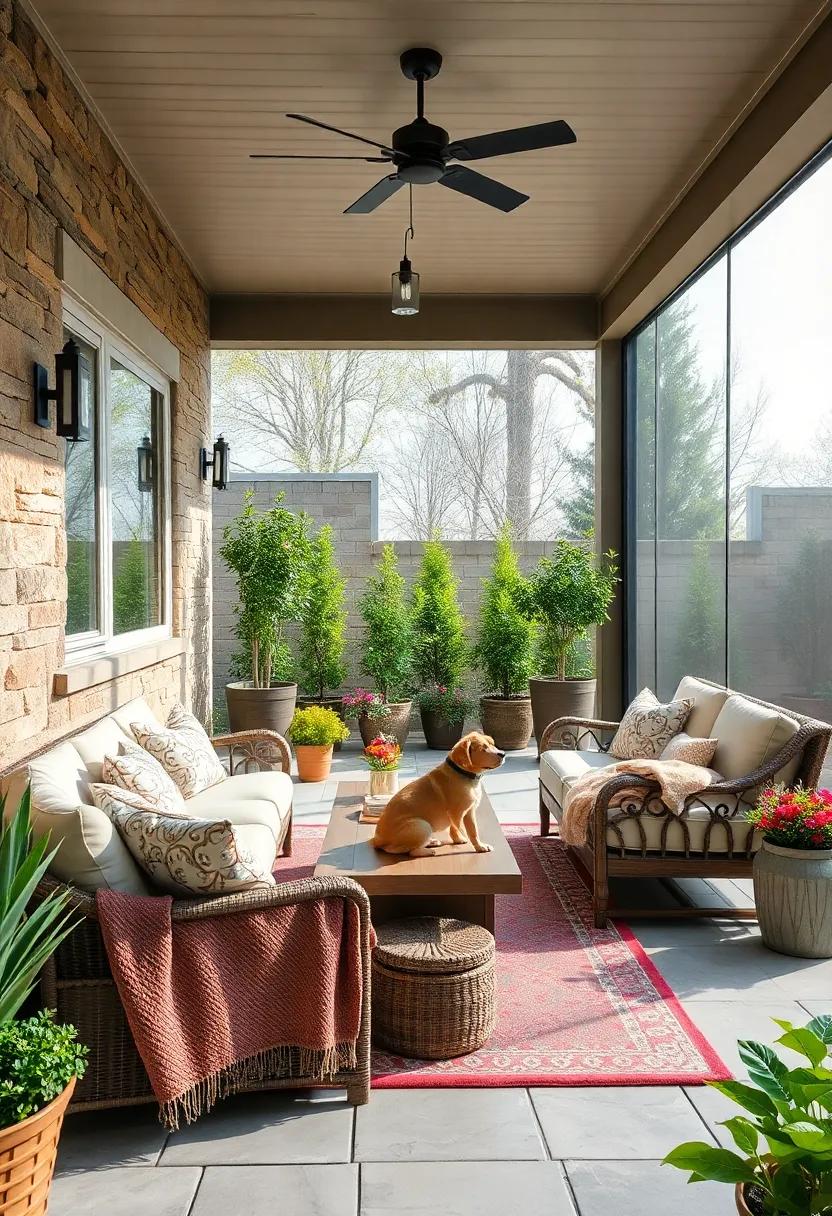 Pet-Friendly Outdoor Lounge Space with Cozy Blankets and Screened Porch Protection