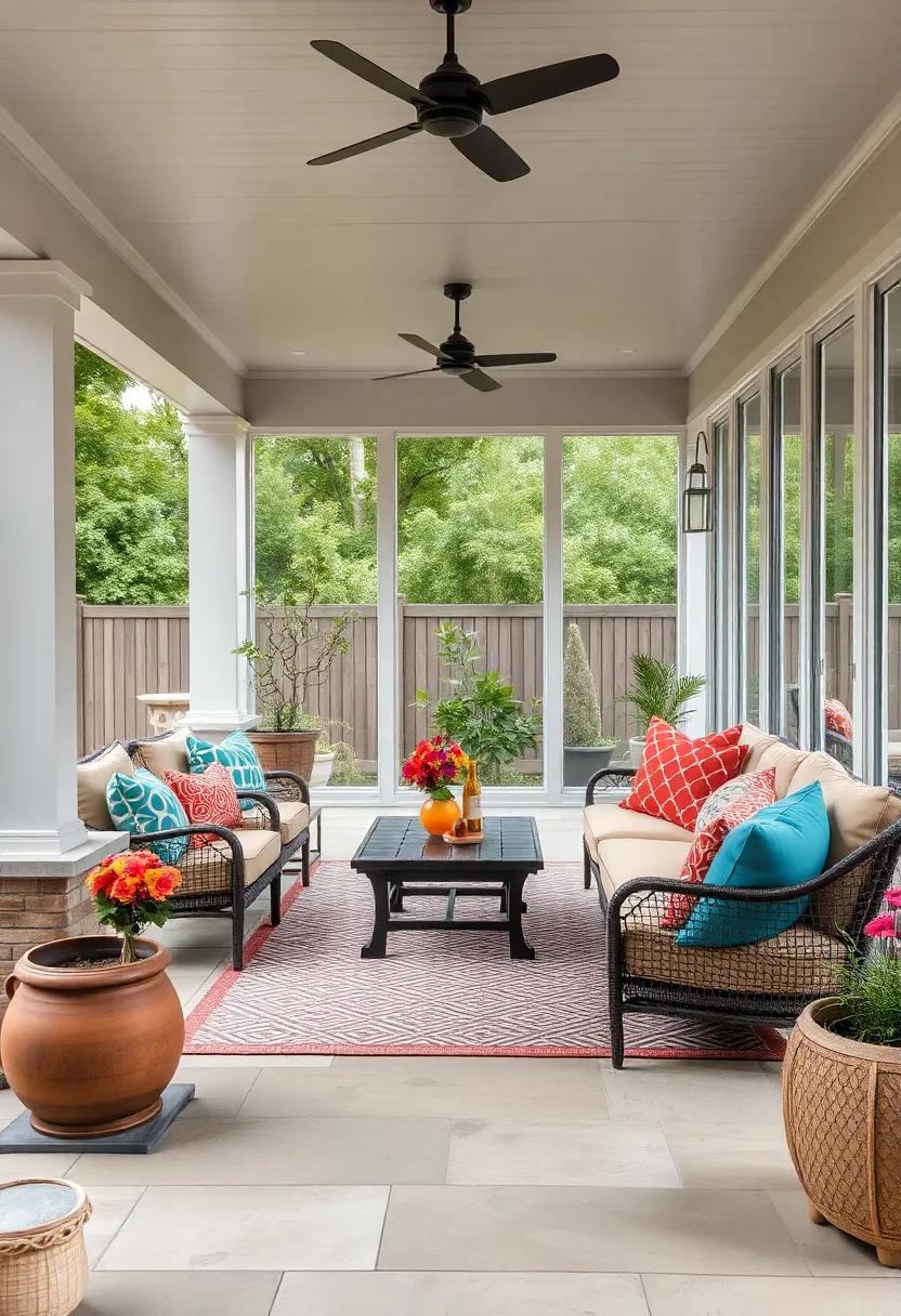 The Playful Arrangement of Colorful Outdoor Cushions on a Wide Screened Porch