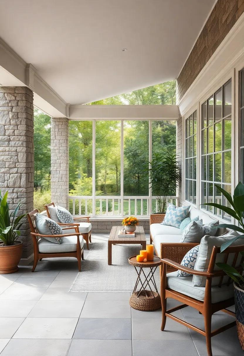 Relaxing Reading Nook in a Screened Porch Bathed in Morning Soft Light and Greenery