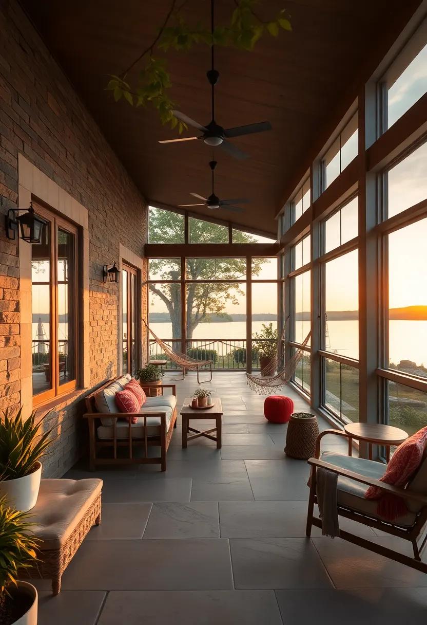 A Screened Porch with Hammocks Overlooking a Scenic Lakeside View at Dawn