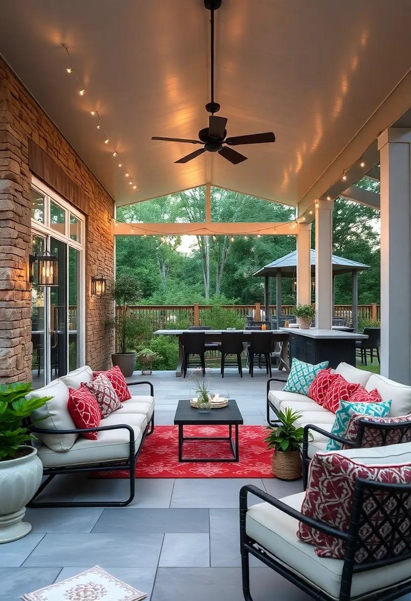 A Screened Porch Designed for Entertaining with Bar-Style Seating and String Lights