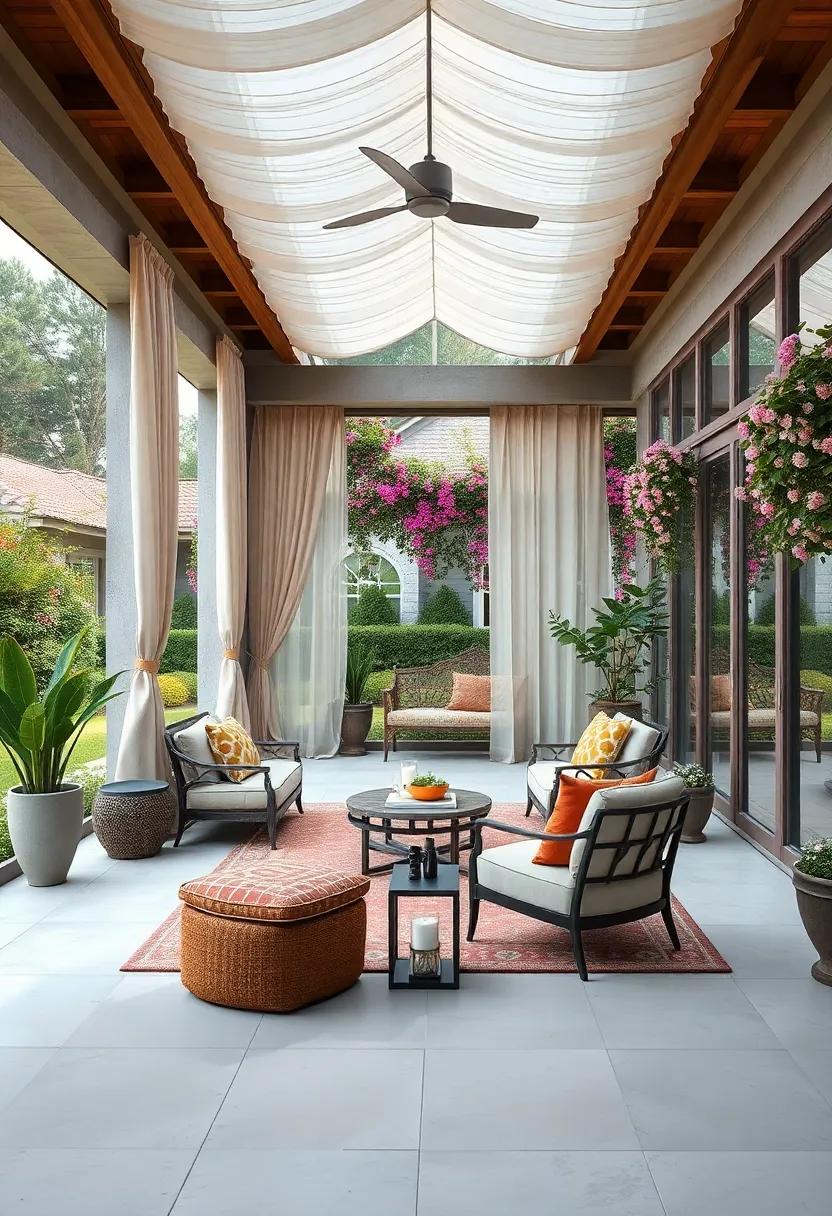 A Screened Porch with Elegant Silk Curtains and Avenues of Flowering Vines