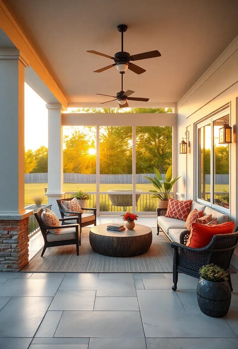 The Serene Ambiance of a Screened Porch Bathed in Golden Sunset Light