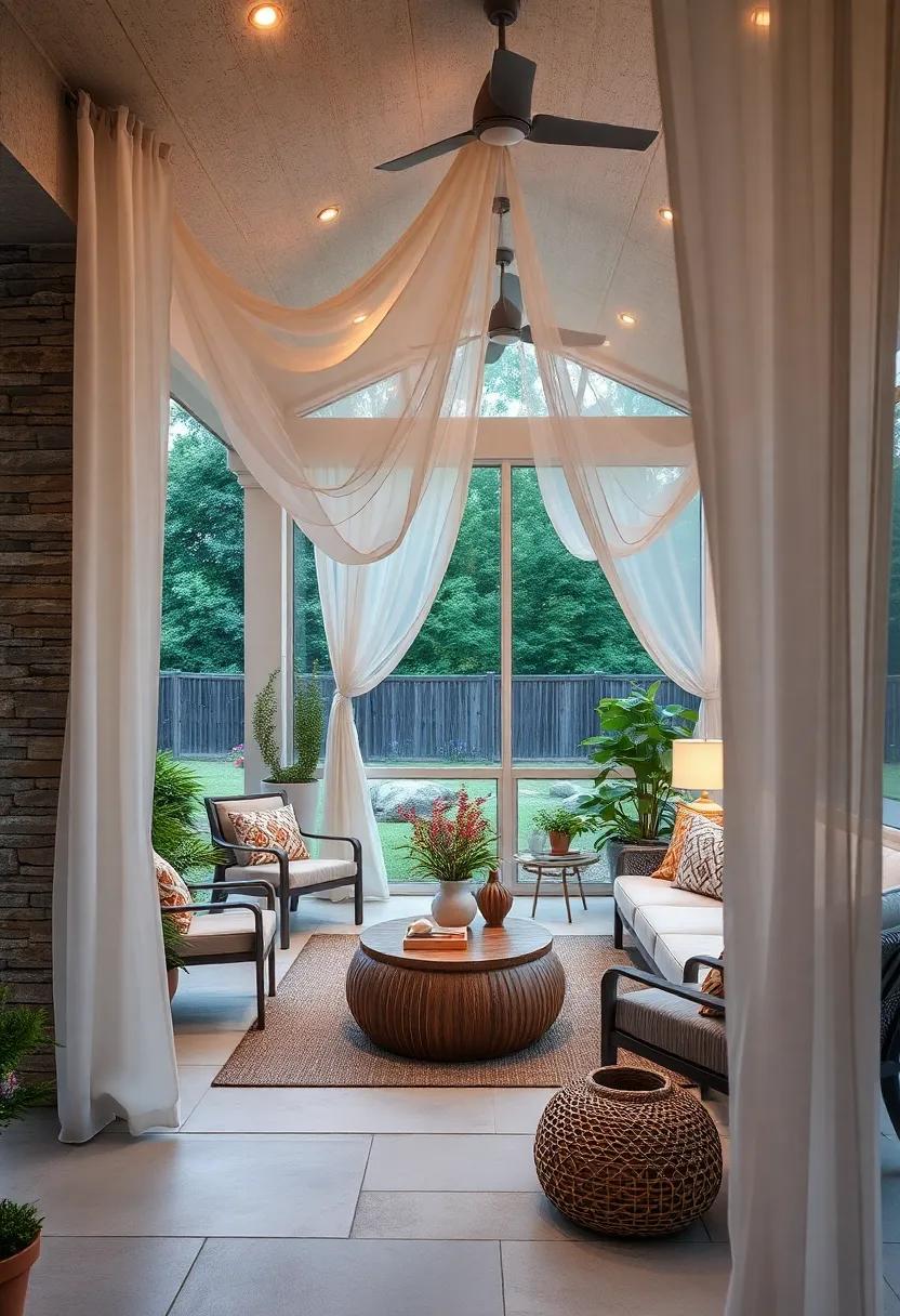 Soft Drapes Flowing Gently Around a Screened Porch in a Breezy Summer Evening
