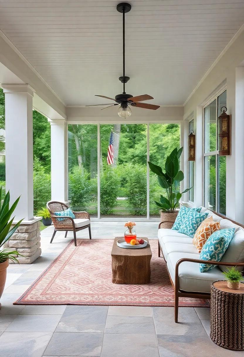 Soft Outdoor Rugs and Cushions Creating an Inviting Screened Porch Seating Area