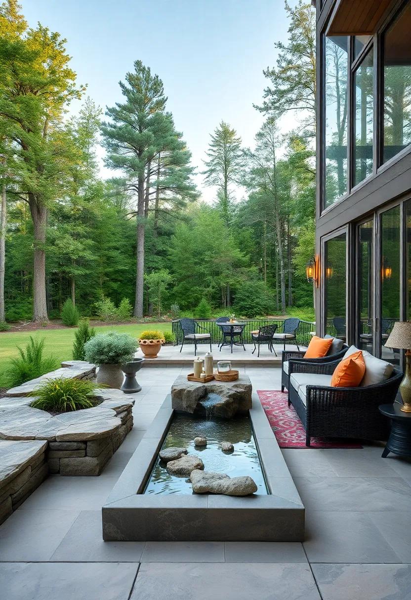 A Tranquil Water Feature Near a Patio with a Screened Porch in a Forested Setting