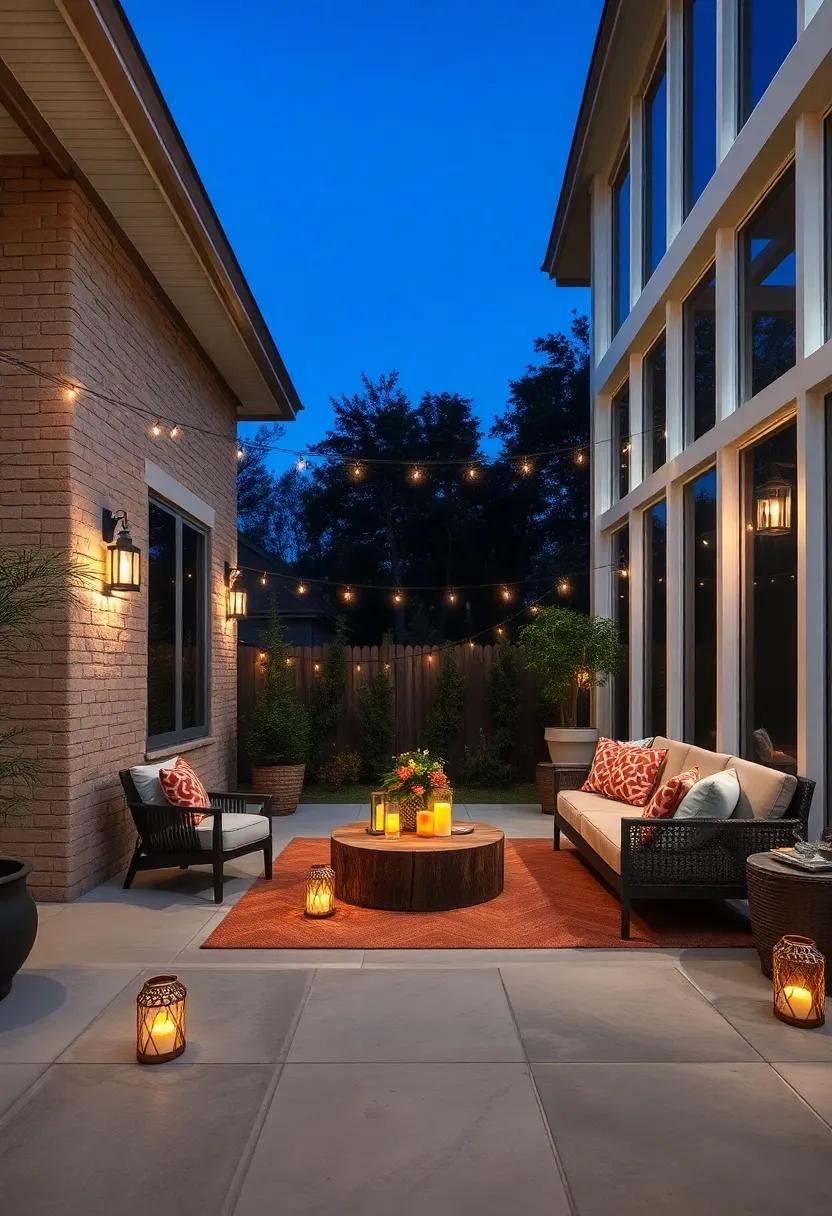 A Twilight Scene of a Patio with Firefly Lanterns and a Cozy Screened Porch Lounge