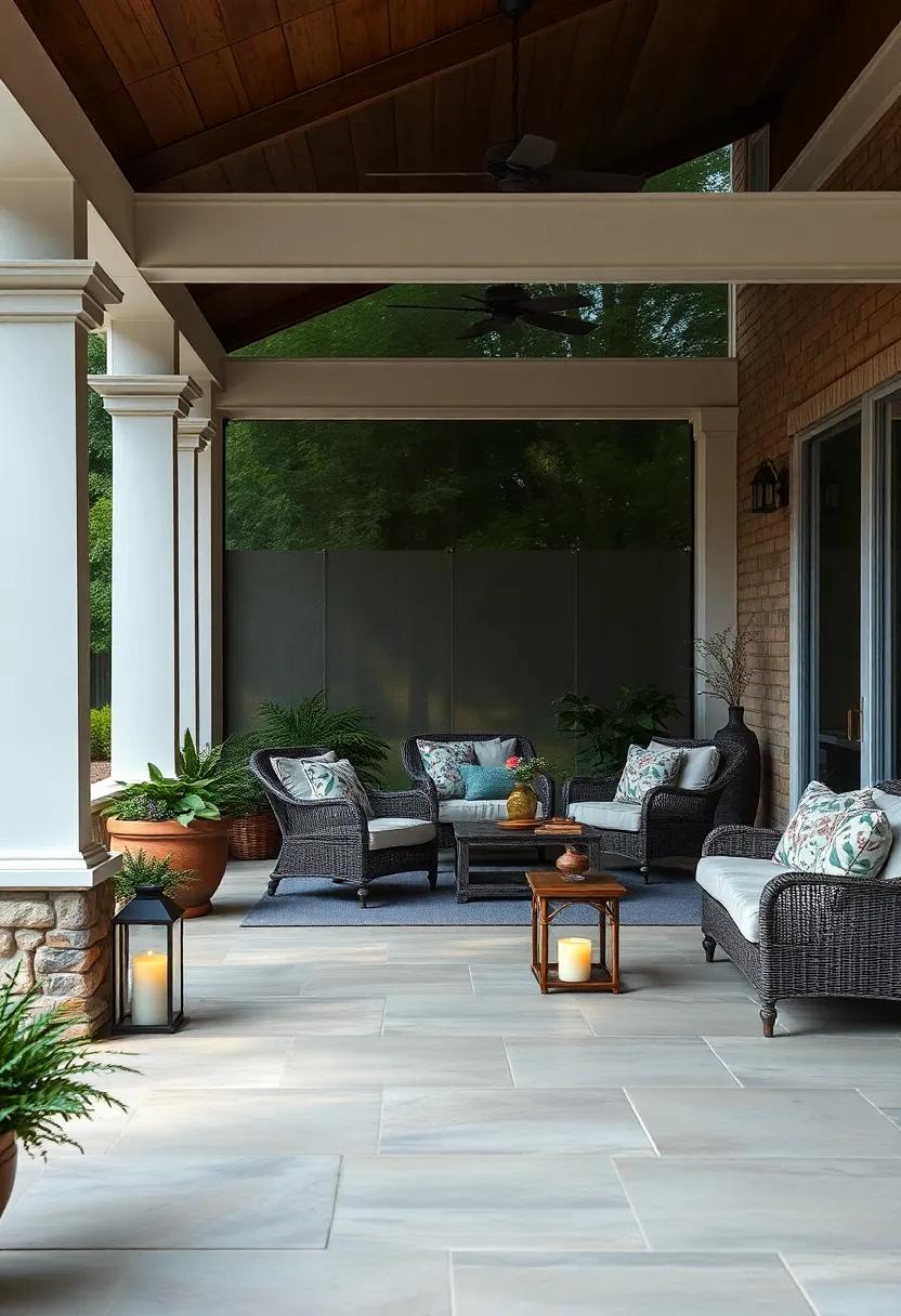 Vintage Lanterns Highlighting a Rustic Patio Atmosphere Against a Screened Porch