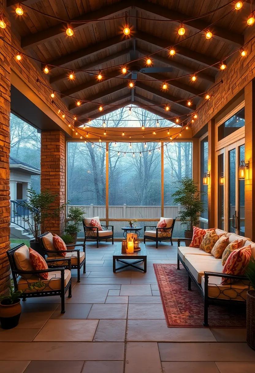Warm Ambient Lighting Cascading from String Lights Above a Spacious Screened Porch