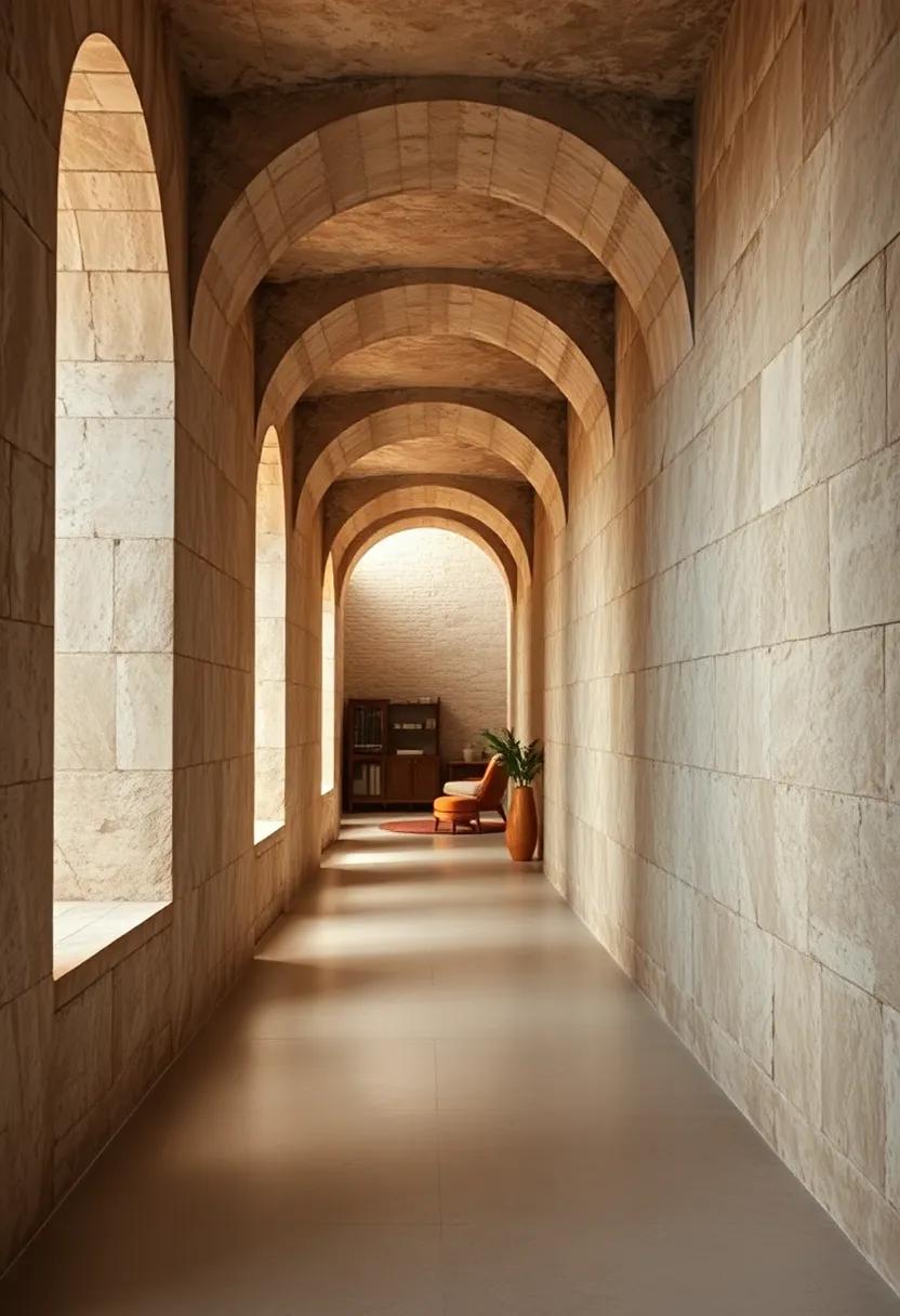 The Abstract Play of Shadows and Light Along a Slim Passage Beneath Ancient Stone Arches