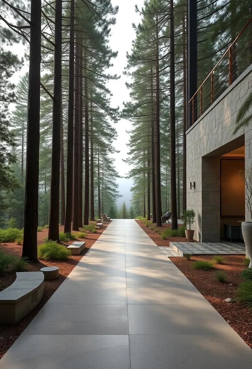 A Serene Mountain Trail Narrowing Between Towering Pine Trees With Misty Horizons