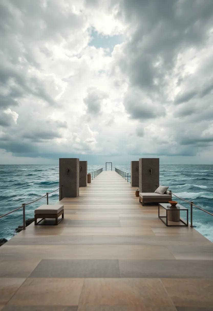 A Long, Narrow Pier Stretching Into Turbulent Waters Beneath Dramatic Stormy Clouds