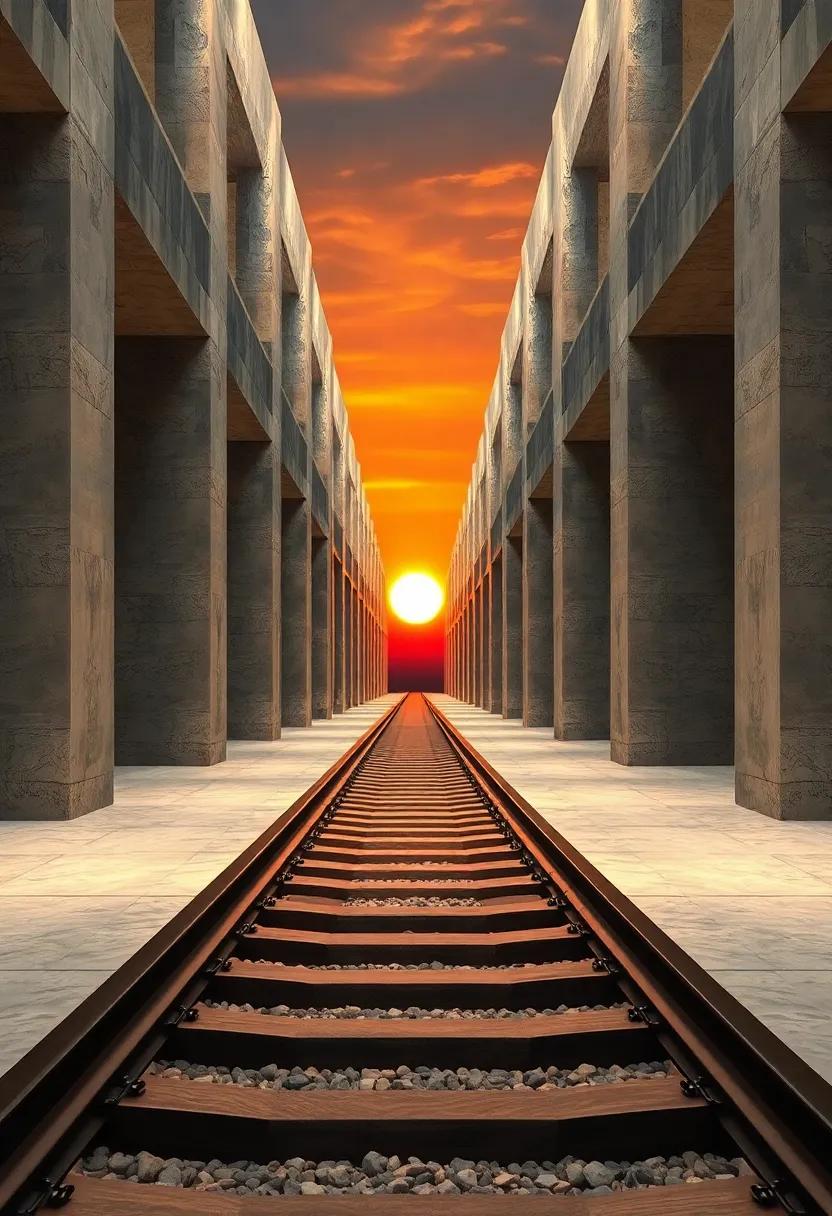 The Perspective of an Endless Railway Track Shrinking Toward a Sunset with Bold Orange Sky