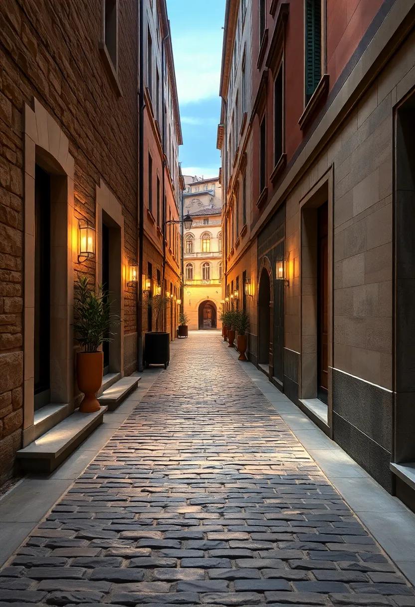 The Gentle Tapering of a Cobblestone Alleyway Framing a Historic Cityscape at Dusk