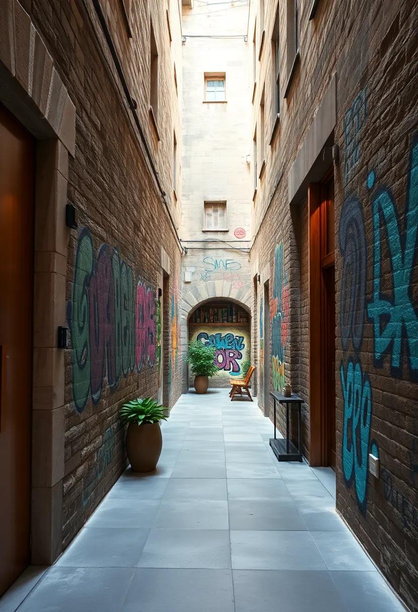 The Intricate Textures of a Narrow Alley Filled with Colorful Graffiti Drawing the Eye Forward