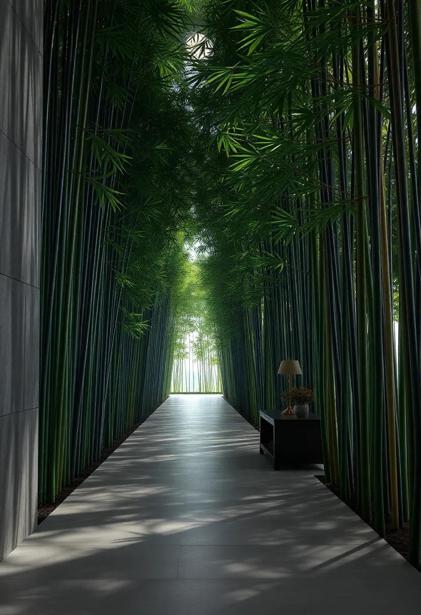 A Moonlit Path Through a Dense Bamboo Grove With Sharp Light Beams Creating Depth and Mystery